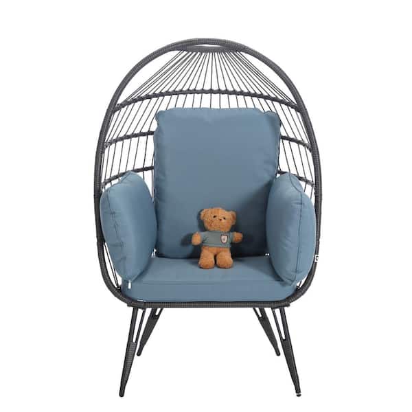 Unbranded Egg Chair Wicker Outdoor Indoor Oversized Large Lounger with Stand Cushion Egg Basket Chair for Patio, Balcony, Blue