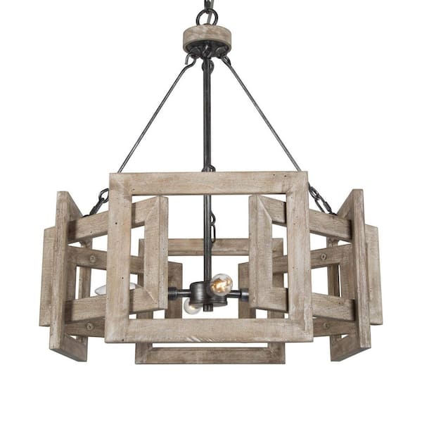 Farmhouse 4-Light Wood Island Drum Rustic Brown Chandelier, Metal Dining Room Ceiling Light