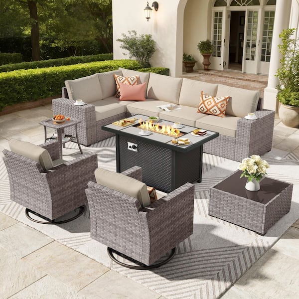 XIZZI Beatrice 10-Piece Wicker Patio Rectangular Fire Pit Set with Beige Cushions and Swivel Rocking Chairs