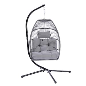 6.3 ft. Patio Wicker Rattan Swing Hammock Egg Chair With Cushion and Pillow in Gray