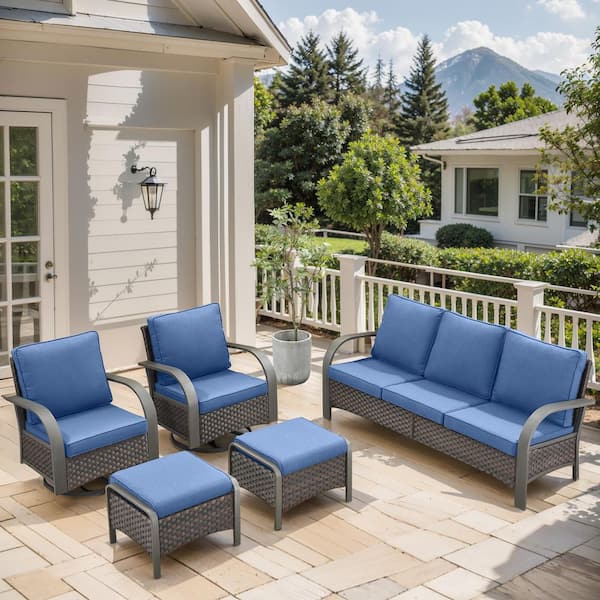 5-Piece Brown Wicker Patio Conversation Set with Blue Olefin Cushions and Swivel Glider Chairs/Ottomans/Couch