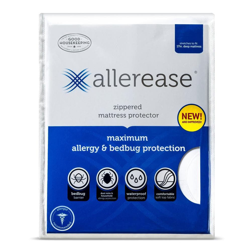 Allerease Vinyl Free and Hypoallergenic Queen Maximum Allergy and Bedbug Waterproof Zippered Mattress Protector, White