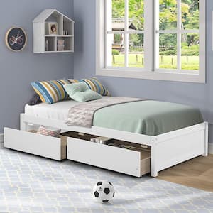 White Twin Size Wood Kids Platform Bed with 2-Drawers, Kids Storage Bed Daybed with Suppport Slats, No Box Spring Needed