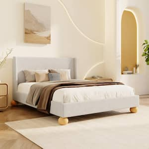 Beige Modern Wood Frame Boucle Fabric Upholstered Queen Platform Bed with Wingback Headboard and Round Rubberwood Legs