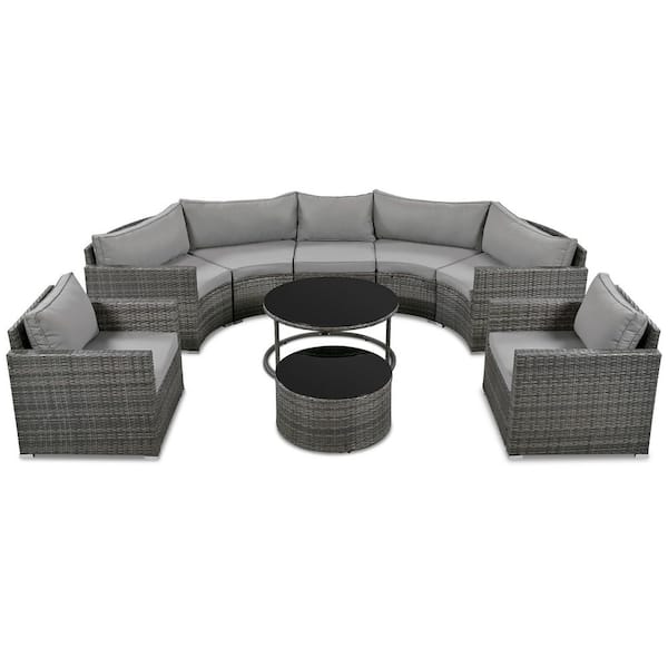 9-piece Wicker Outdoor Sectional, Half-Moon Sectional Sets, Modern Style Sofa with Gray Wicker, Gray Cushions