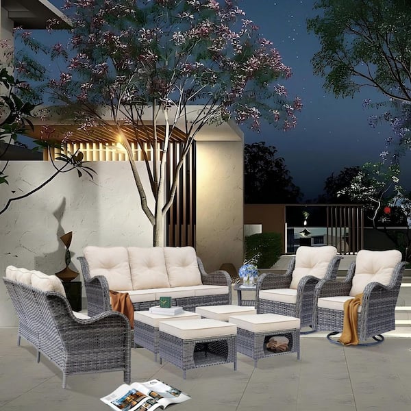 Xingzjojor Gray 9-Piece Wicker Outdoor Patio Conversation Seating Sofa Set with Beige Cushions and Swivel Rocking Chairs