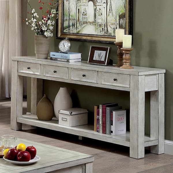 Furniture of America Alexis 64 in. Antique White Standard Rectangle Wood Console Table with Drawers