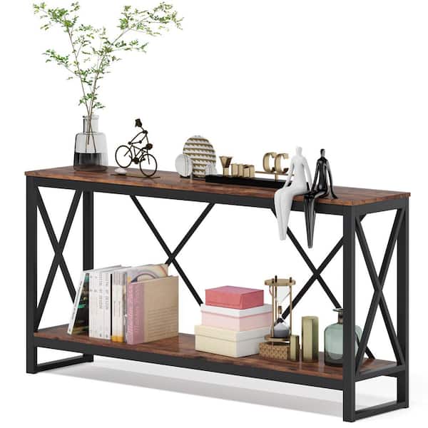 Tribesigns Catalin 70.9 in. Brown Wood Vintage Console Table, Rectangle Sofa Table Narrow Entry Table with Open Storage Shelf