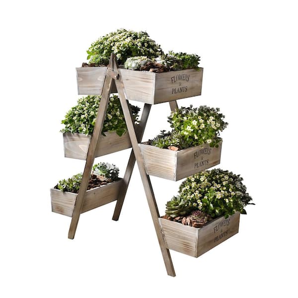 Unbranded 27 in. W x 28 in. H Flowers and Plants Foldable Wooden Plant Stand with 6 Seed Boxes