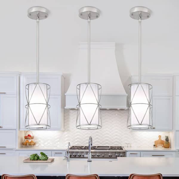 1-Light Nickel Modern Drum Pendant Light with White Fabric Shade (Set of 3)