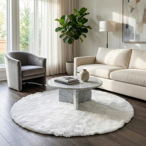 Aurora White 5 ft. Wide Faux Fur Round Area Rug