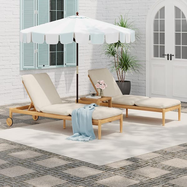 Landon Light Teak Acacia Wood Outdoor Patio Chaise Lounge with Beige Cushions, Wheels, Adjustable Backrest, Set of 2