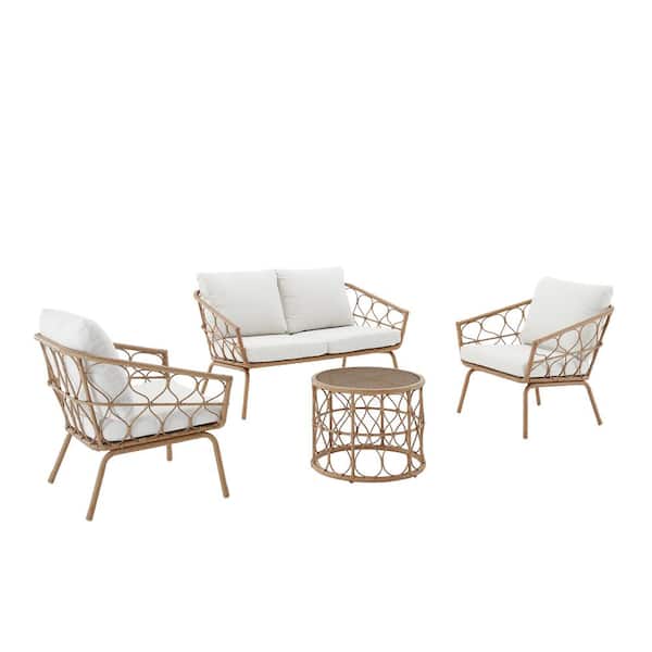 CROSLEY FURNITURE Juniper Brown 4-Piece Wicker Patio Conversation Set with Creme Cushions