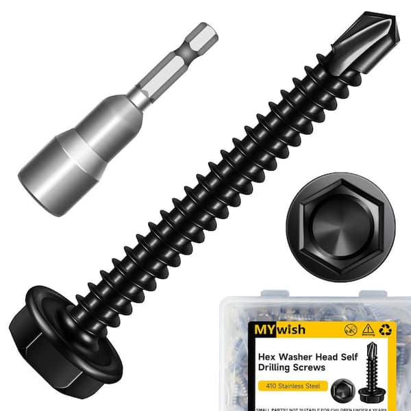 #8 x 1-1/2 in. Black Oxide 410 Stainless Steel Hex Washer Head Self Drilling Sheet Metal Screws (100-Pack)