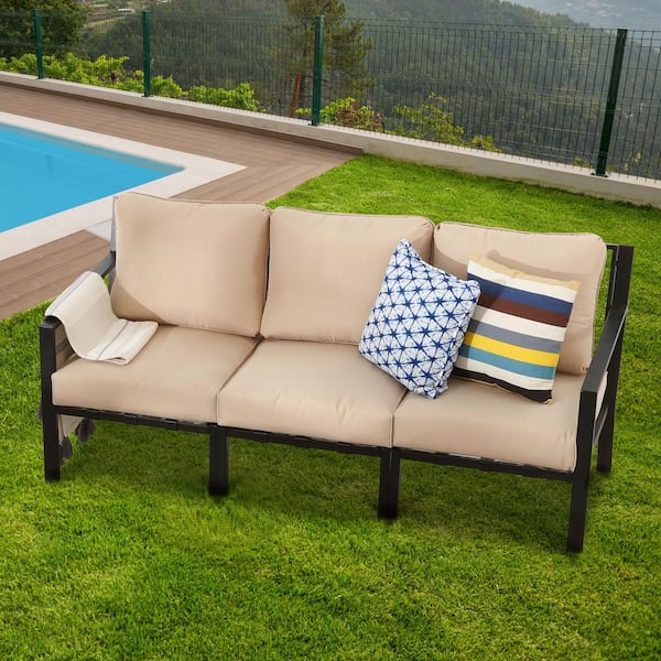 X-Back Collection 3-Piece Metal Outdoor Sofa Couch with Beige Cushions