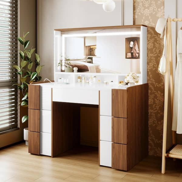 Harper & Bright Designs Brown and White Makeup Vanity Table with Large Lighted Mirror, Charging Station, 7 Drawers and Shelves