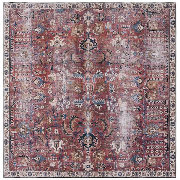 SAFAVIEH Tucson Red/Beige 6 ft. x 6 ft. Machine Washable Distressed Border Floral Square Area Rug