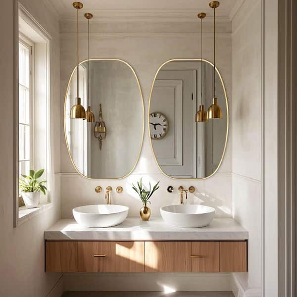 30 in. W x 48 in. H Gold Oval Wall Mounted Aluminum Alloy Bathroom Mirror Decorative Mirror(Set of 2)