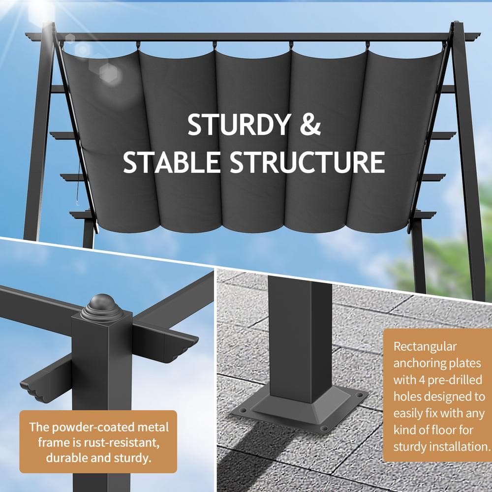 10 ft. x 10 ft. Gray Metal Patio Pergola with Retractable Canopy