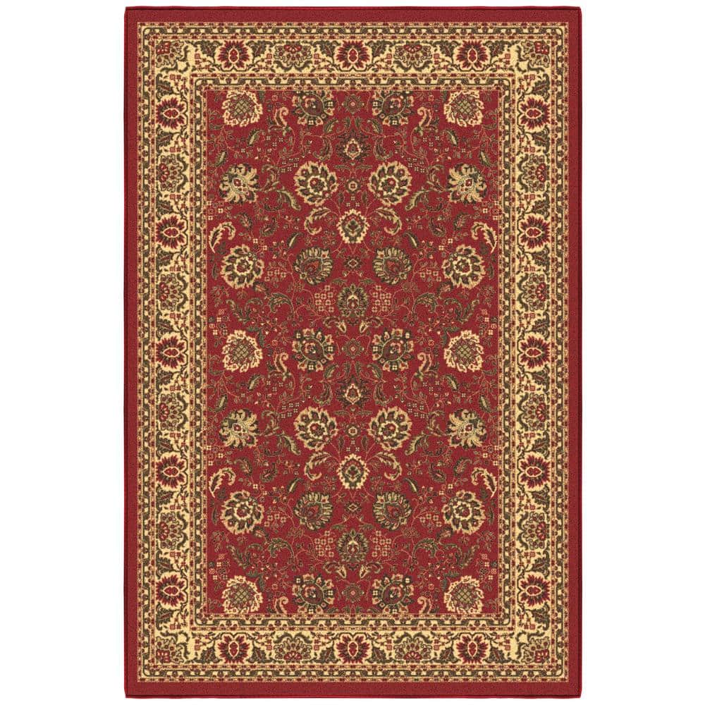 Dark Red Traditional Floral Non-Slip Synthetic Area Rug