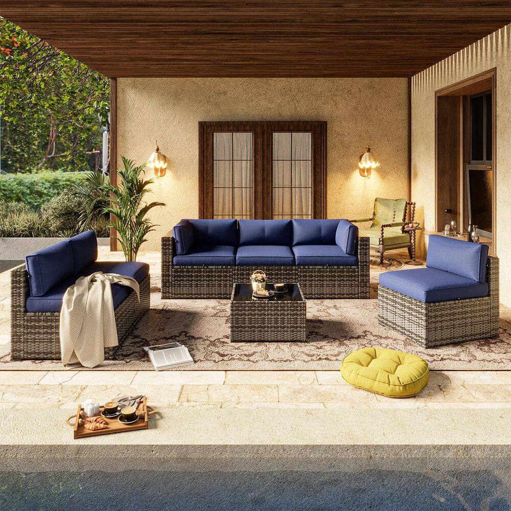 7-Piece Gray 6-Seat Wicker Rattan Outdoor Patio Conversation Sofa Seating Set with Blue Cushions, Coffee Table price history on PriceWatchPro
