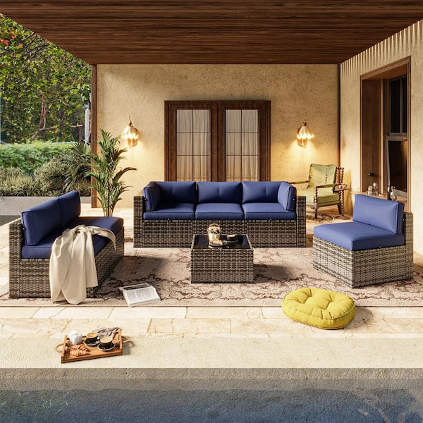 Gray 7-Piece Wicker Rattan Outdoor Sectional Set with Blue Cushions, Coffee Table and Set Cover