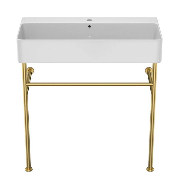 Modern 31.5 in. Ceramic Console Sink with Stainless Steel in Golden Legs White Basin