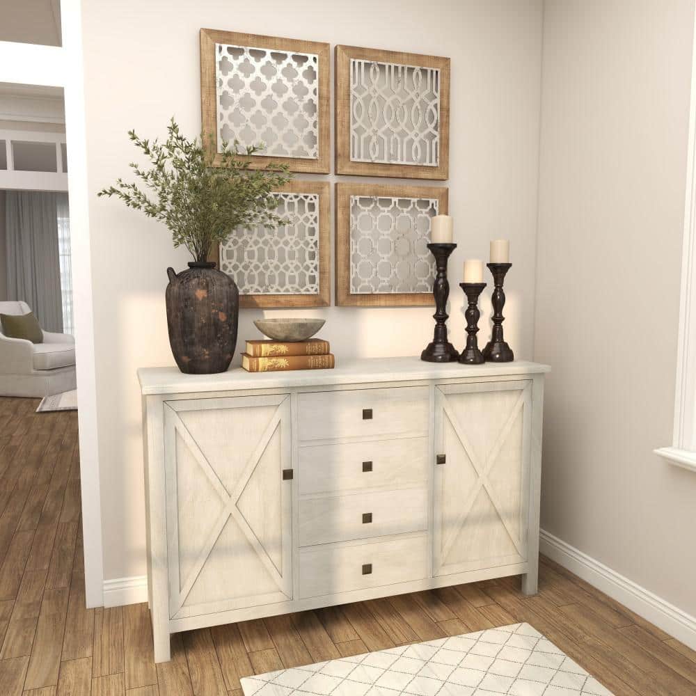 Daisy White Distressed Farmhouse Sideboard with X-Design Doors