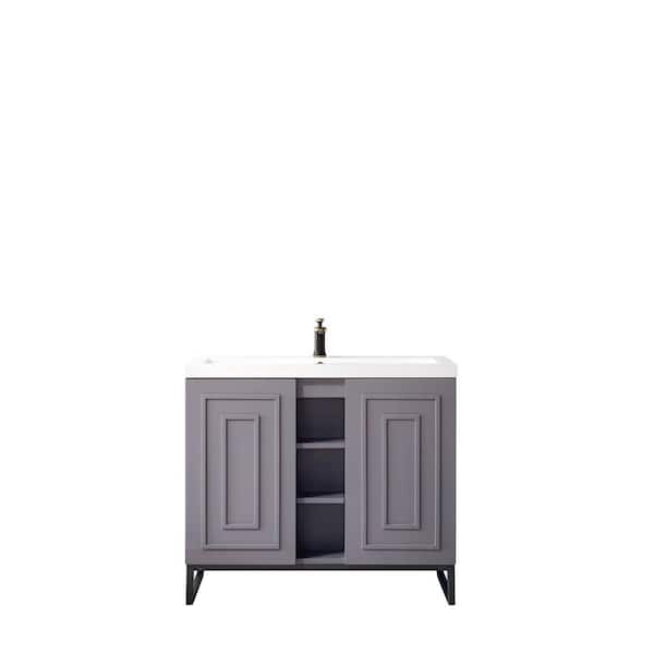 James Martin Vanities Alicante 39.4 in. W x 15.6 in. D x 35.5 in. H Bathroom Vanity in Grey Smoke with White Glossy Resin Top