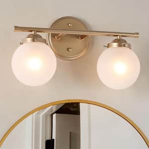 Farmhouse Gold Bathroom Vanity Light, 14.2 in. 2-Light Modern Powder Room Wall Sconce Light with Frosted Glass Shades