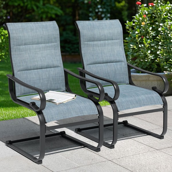 Black Padded Textilene Metal Outdoor Dining Chairs (2-Pack), C-Spring Motion, High Back and Wide seat