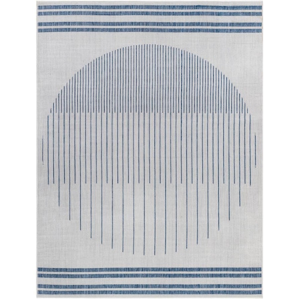 Livabliss Long Beach Gray/Blue Circle 8 ft. x 10 ft. Indoor/Outdoor Area Rug