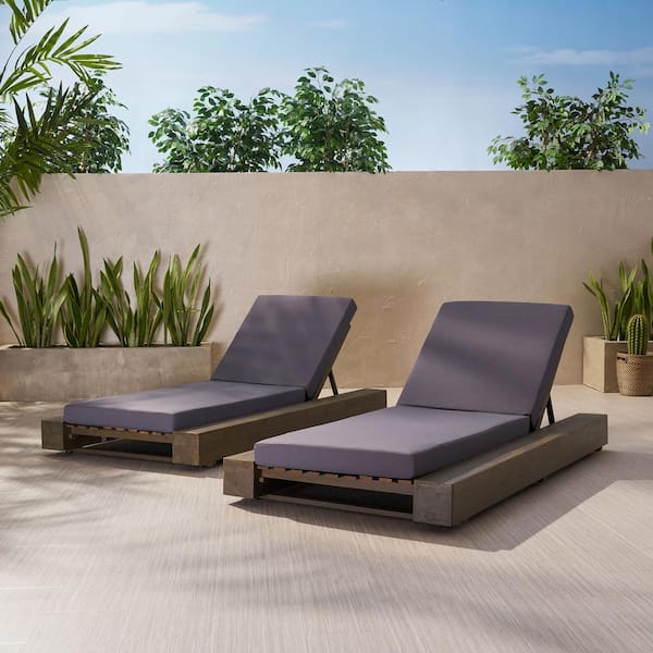 Noble House Broadway Sandblast Grey Removable Cushions Wood Outdoor Patio Chaise Lounge with Dark Grey Cushions (2-Pack)