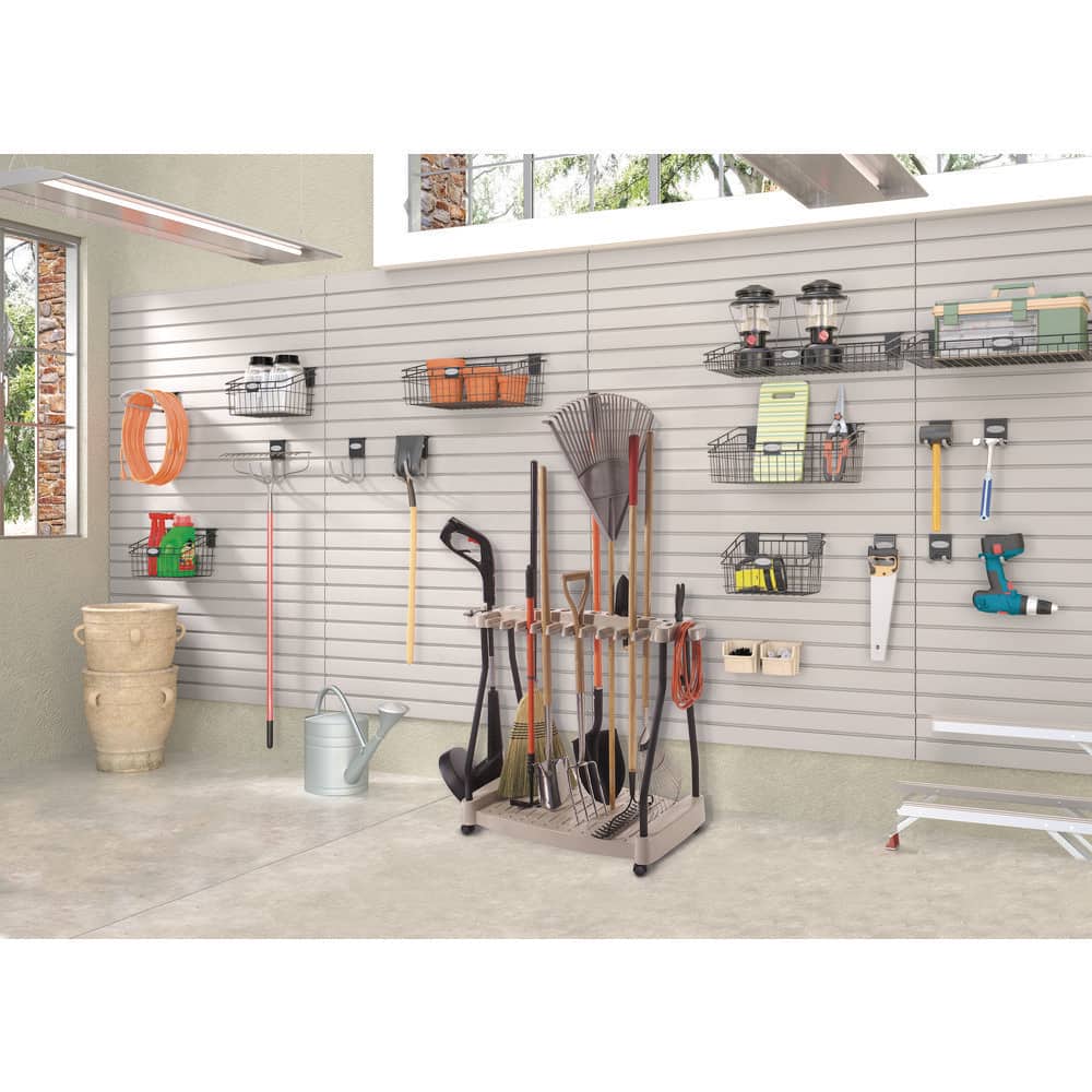 Suncast Light Taupe Steel-Core Tool Storage Rack with Wheels