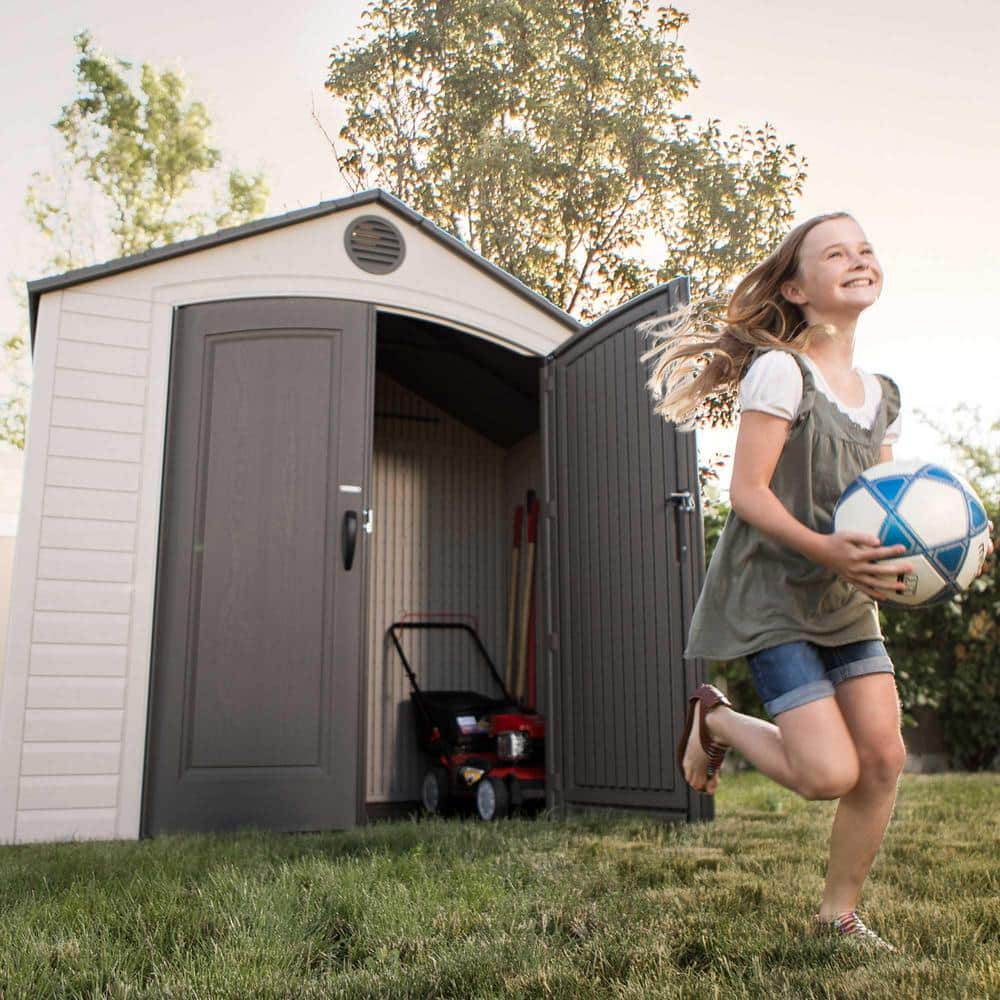 Beige and Brown Polyethylene Outdoor Storage Shed with Windows