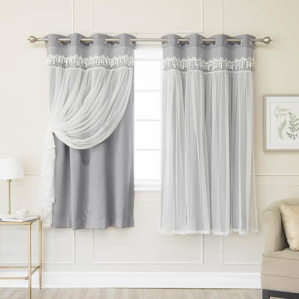 Best Home Fashion Grey Fringed Border Solid Grommet Room Darkening Curtain - 52 in. W x 63 in. L (Set of 2)