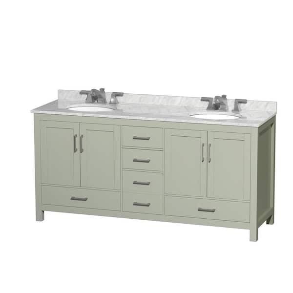 Wyndham Collection Sheffield 72 in. W x 22 in. D x 35 in . H Double Bath Vanity in Light Green with White Carrara Marble Top