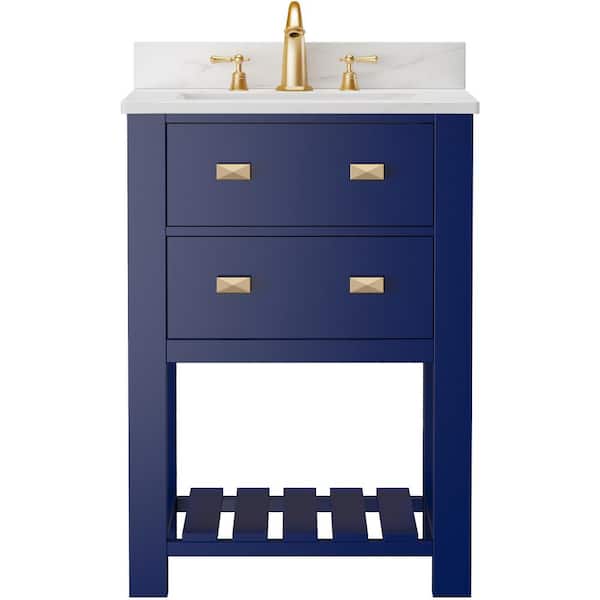Zeus & Ruta 24 in. W x 19 in. D x 34 in. H Freestanding Bath Vanity in Blue with White Marble Sink and Backsplash-Fully Assembled