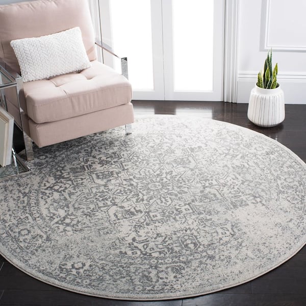 Evoke 9 ft. x 9 ft. Round Ivory/Gray Distressed Border Medallion Area Rug