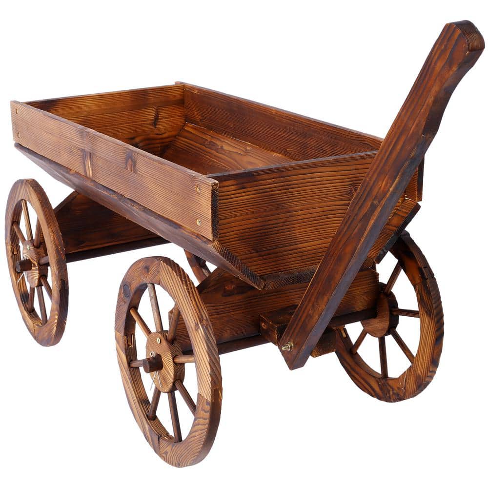 Brown Fir Wood Rectangular Wagon Planter with Wheels