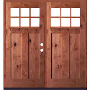 72 in. x 80 in. Craftsman Knotty Alder Wood Clear 6-Lite RC Stained/Dentil Shelf Left Active Double Prehung Front Door