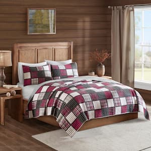 Tulsa 3-Piece Red/Grey Cotton Full/Queen Oversized Plaid Print Quilt Set