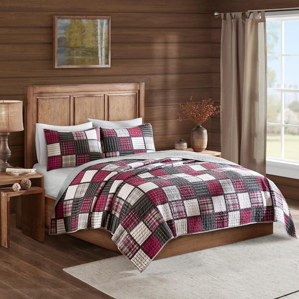 Tulsa 3-Piece Red/Grey Cotton Full/Queen Oversized Plaid Print Quilt Set