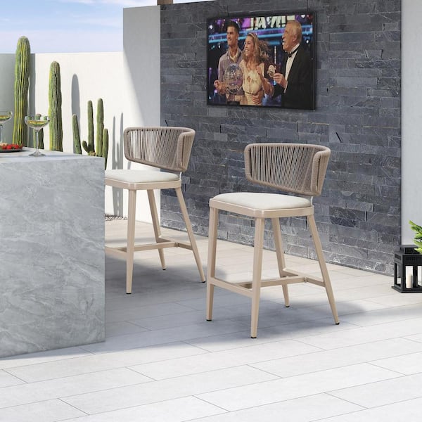 PURPLE LEAF Modern Aluminum Outdoor Bar Stool Magnalium Button Rope Kelley Patio Bar Stool with Backrest and Cushion (Set of 2)