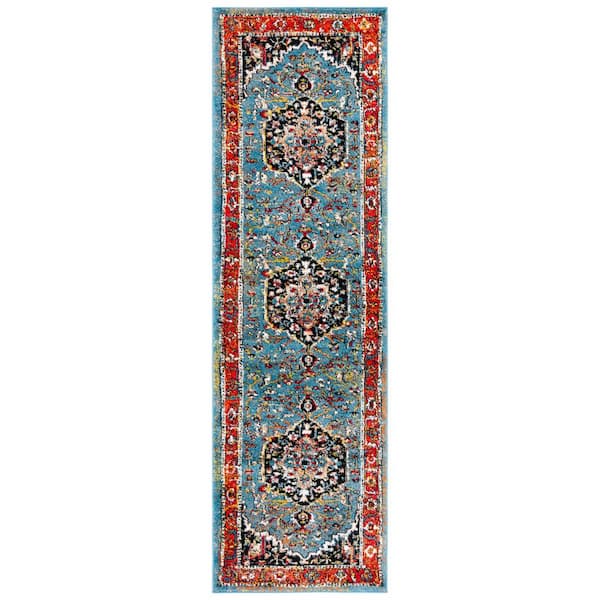 Vintage Hamadan 2 ft. x 8 ft. Blue/Red Ornate Medallion Runner Rug