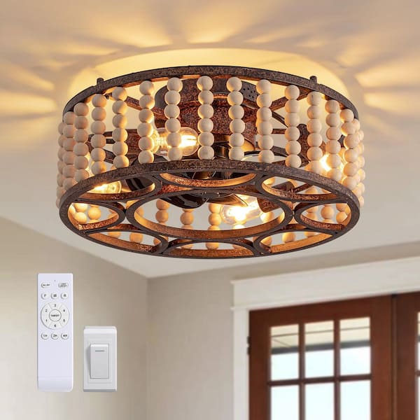 WDETR 20 in. Indoor Walnut Beaded Caged Ceiling Fan with Light and Remote, Flush Mount Fan for Living Room,Dining Room,Kitchen