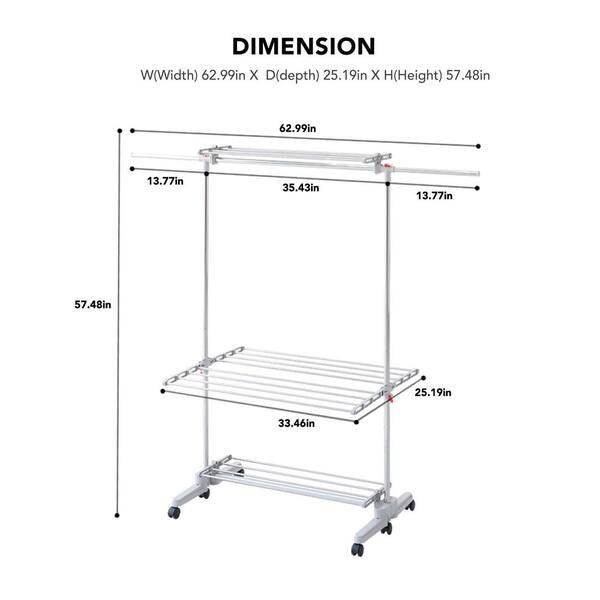 Hulife 57 1/2 in. x 56 1/2 in. 3-Tier Foldable Drying Garment Rack with Hanging Pole, Stainless Steel/Gray