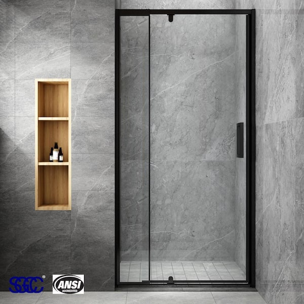 TOOLKISS 32 to 36 in. W x 72 in. H Framed Pivot Shower Door in Black with Clear Glass