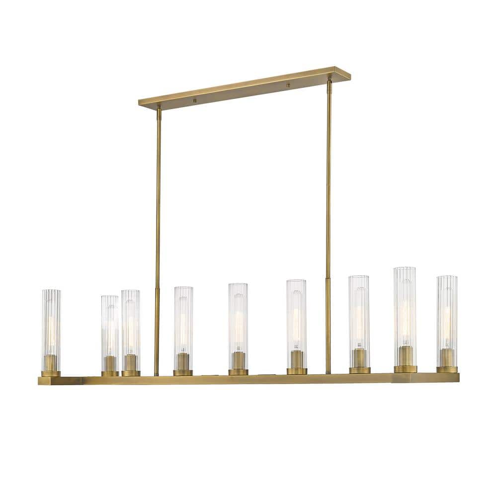 Rubbed Brass 9-Light Island Pendant with Fluted Glass Shades