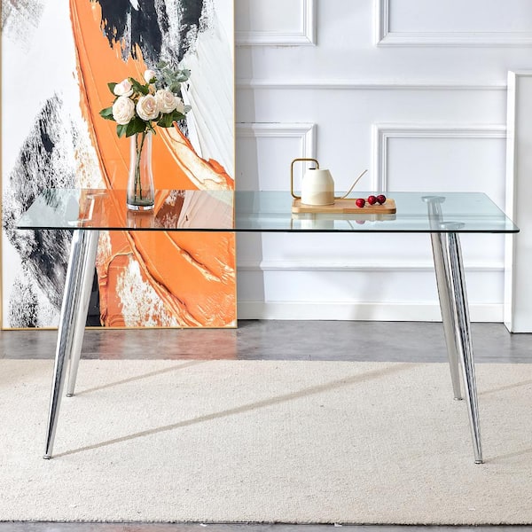 Polibi Modern Rectangle Clear Glass 4 Legs Dining Table Seats for 6 (63.00 in. L x 30.00 in. H)